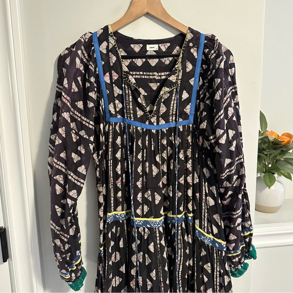 Warm NY Black Ikat Colorful Block Printed Long Sleeve Maxi Dress Small - Picture 9 of 14